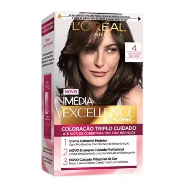 LORÉAL PARIS - TINTA PARA CABELO  - COR 4.  CASTANHO NATURAL - MÉDIA EXCELLENCE CREME - 70ml
