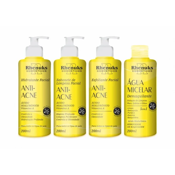 KIT COM 4 PRODUTOS PARA SKIN CARE - ANTI ACNE - RHENUKS COSMÉTICOS - 200 ML CADA