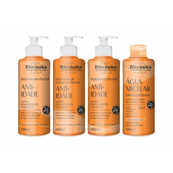 KIT COM 4 PRODUTOS PARA SKIN CARE - ANTI IDADE - RHENUKS COSMÉTICOS - 200 ML CADA