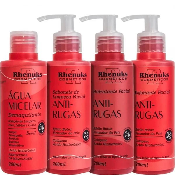 KIT COM 4 PRODUTOS PARA SKIN CARE - ANTI RUGAS - RHENUKS COSMÉTICOS - 200 ML CADA