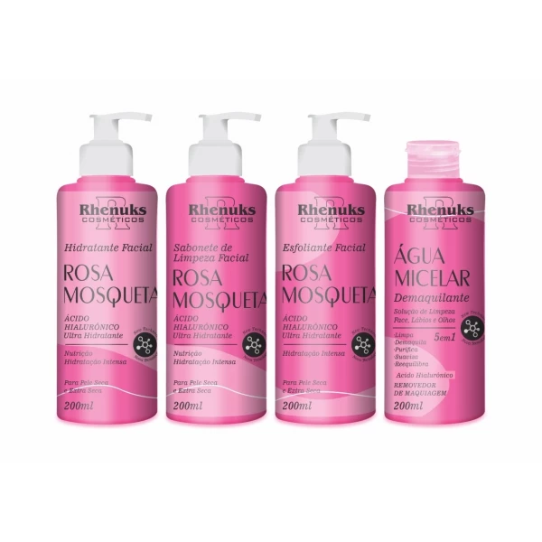 KIT COM 4 PRODUTOS PARA SKIN CARE - ROSA MOSQUETA - RHENUKS COSMÉTICOS - 200 ML CADA