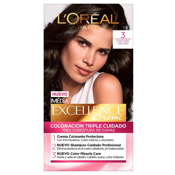 LORÉAL PARIS - TINTA PARA CABELO  - COR 3.  CASTANHO ESCURO - MÉDIA EXCELLENCE CREME - 70ml