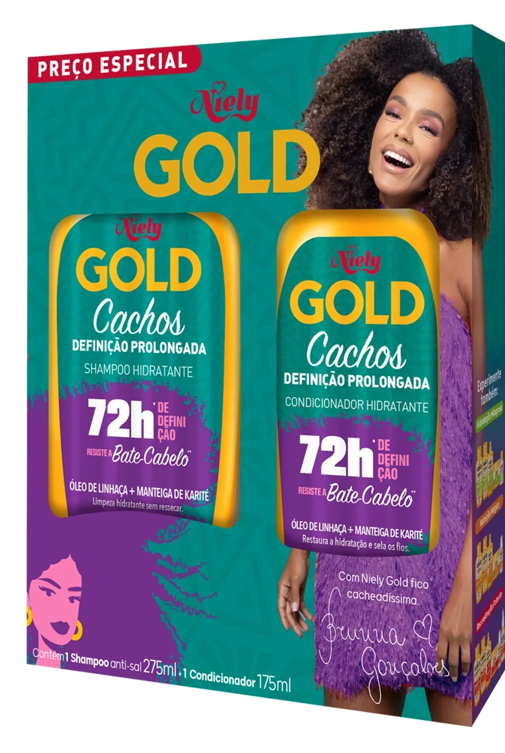 KIT SHAMPOO 275 ML E CONDICIONADOR 175 ML - CACHOS - DEFINIÇÃO PROLONGADA - 72 H - NIELY GOLD