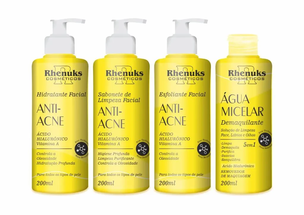 KIT COM 4 PRODUTOS PARA SKIN CARE - ANTI ACNE - RHENUKS COSMÉTICOS - 200 ML CADA