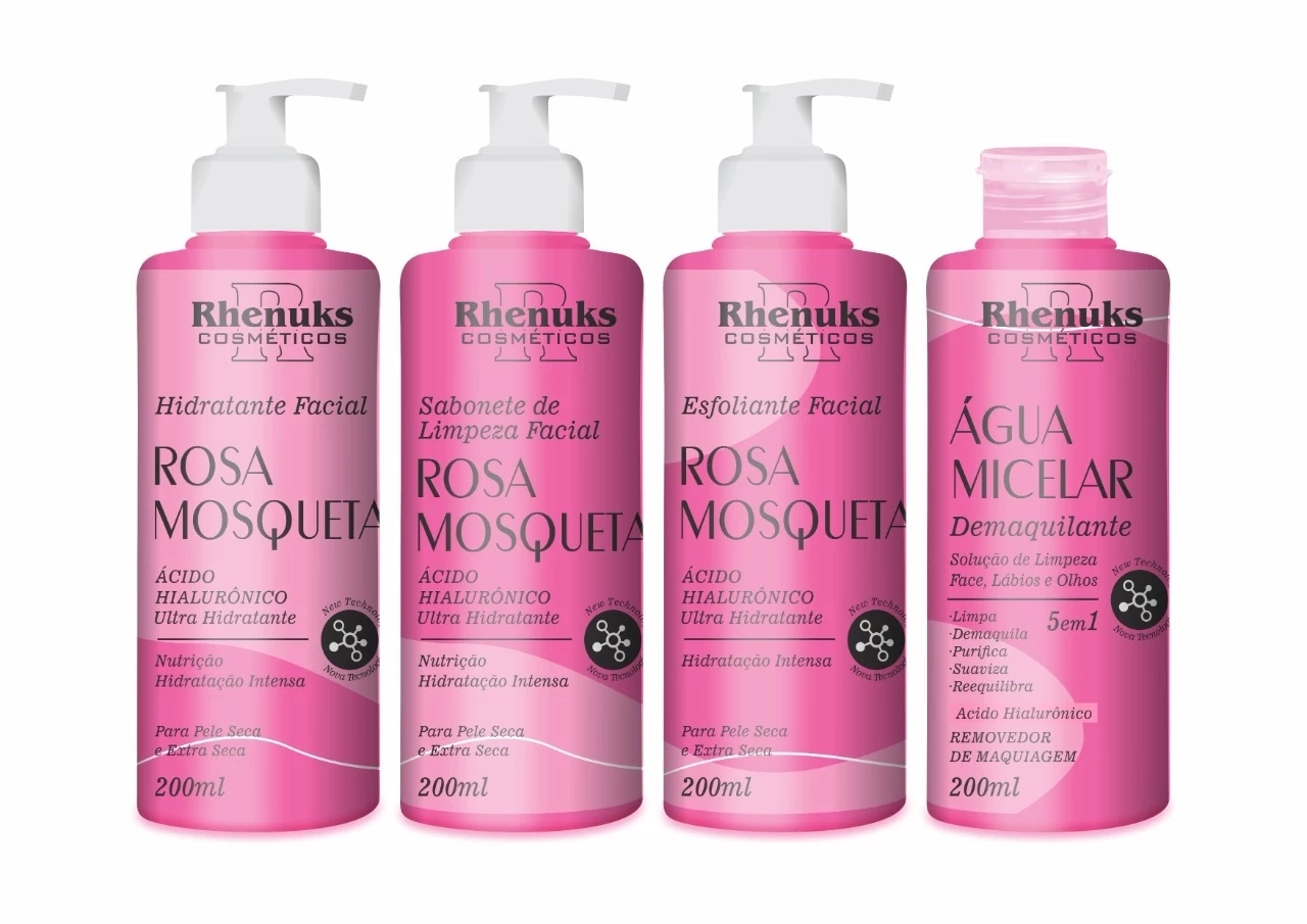 KIT COM 4 PRODUTOS PARA SKIN CARE - ROSA MOSQUETA - RHENUKS COSMÉTICOS - 200 ML CADA