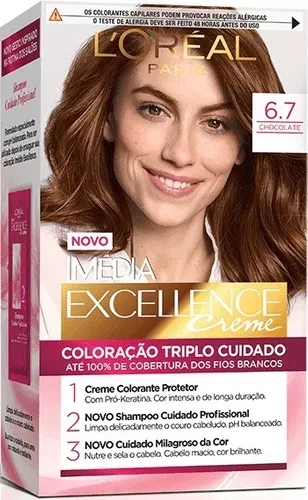 LORÉAL PARIS - TINTA PARA CABELO - COR 6.7 CHOCOLATE - MÉDIA EXCELLENCE CREME - 70ml